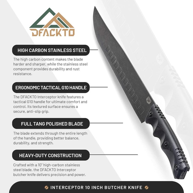 DFACKTO Interceptor 10 Inch Butcher Knife for Camping and Outdoor Kitchen - High Carbon Stainless Steel, Full Tang Tactical G10 Handle, Meat Cutter, BBQ, Chopping, Bone Cutting, Heavy Duty - Black - Image 3